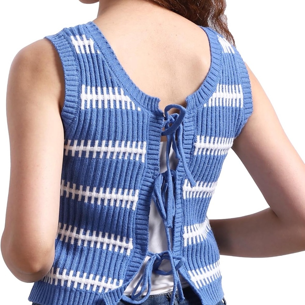 Blue and White Crochet Knit Lace-Up Sweater Vest Tank Top with Pockets NEW